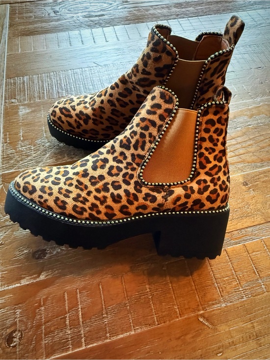 Tinstree Shoes - Leopard Print Chelsea Ankle Boots with Studded Trim - Brown
